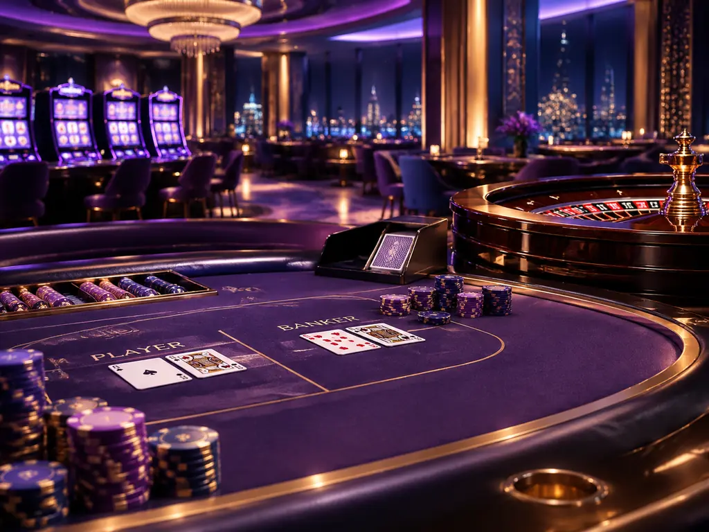 Ilustrasi ruang kasino dengan meja kartu dan roda roulette dalam cahaya ungu lembut