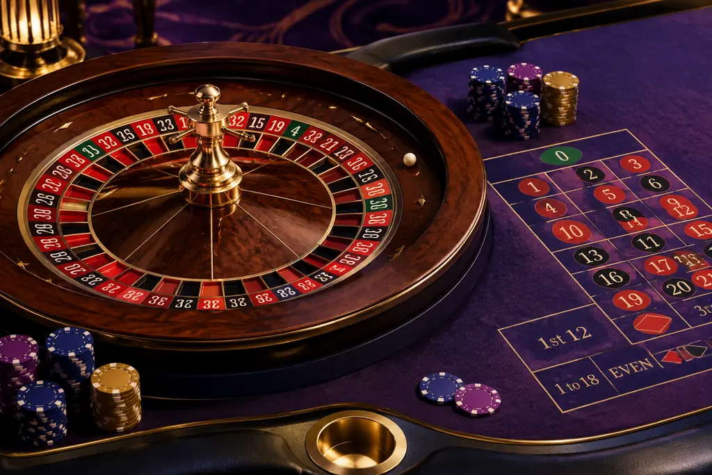 Ilustrasi roda roulette nol tunggal dengan chip di meja kasino