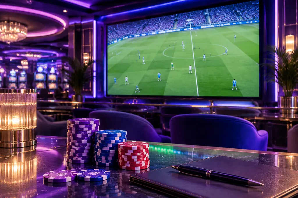 Ilustrasi layar pertandingan sepak bola di area sportsbook kasino